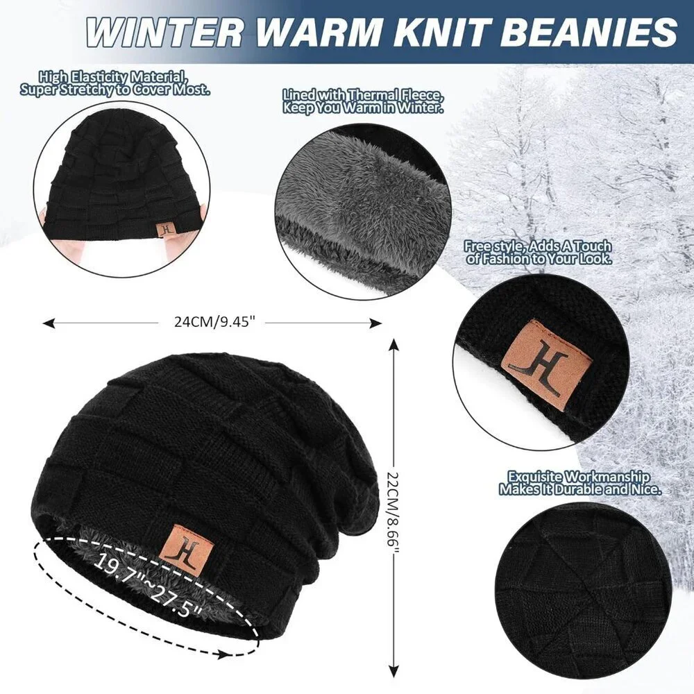 Men's Black 1 Winter Warm Knit Skull Cap Neck Warmer Fleece Lined Hat Scarf Set